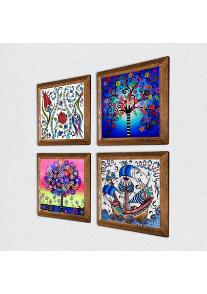 Lale, Çini Sanatı Yelkenli Gemi, Hayat Ağacı Taş Duvar Tablosu Ahşap Çerçeveli Duvar Dekoru 4 Parça Tablo Seti Wall Art W4-961