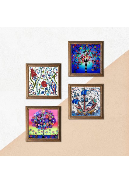 Lale, Çini Sanatı Yelkenli Gemi, Hayat Ağacı Taş Duvar Tablosu Ahşap Çerçeveli Duvar Dekoru 4 Parça Tablo Seti Wall Art W4-961