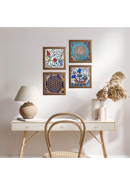 Çini Sanatı Yelkenli Gemi, Lale, Yaşam Çiçeği Taş Duvar Tablosu Ahşap Çerçeveli Duvar Dekoru 4 Parça Tablo Seti Wall Art W4-966