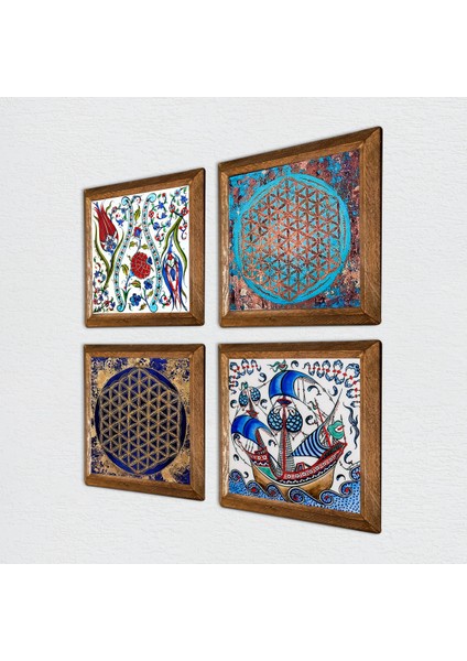Çini Sanatı Yelkenli Gemi, Lale, Yaşam Çiçeği Taş Duvar Tablosu Ahşap Çerçeveli Duvar Dekoru 4 Parça Tablo Seti Wall Art W4-966