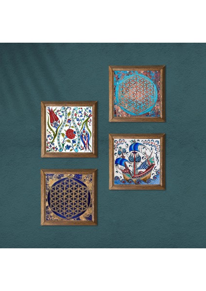 Çini Sanatı Yelkenli Gemi, Lale, Yaşam Çiçeği Taş Duvar Tablosu Ahşap Çerçeveli Duvar Dekoru 4 Parça Tablo Seti Wall Art W4-966