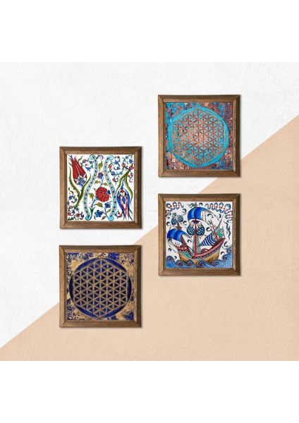 Çini Sanatı Yelkenli Gemi, Lale, Yaşam Çiçeği Taş Duvar Tablosu Ahşap Çerçeveli Duvar Dekoru 4 Parça Tablo Seti Wall Art W4-966