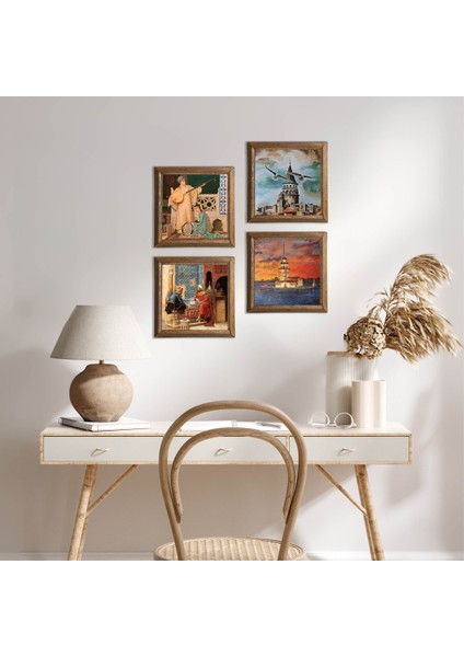 İstanbul Galata Kulesi, Kız Kulesi, Satranç Oyunu, İki Müzisyen Kız Taş Duvar Tablosu Ahşap Çerçeveli Duvar Dekoru 4 Parça Tablo Seti Wall Art W4-759