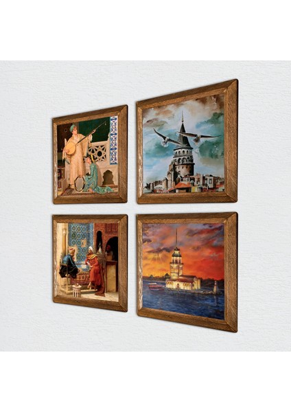 İstanbul Galata Kulesi, Kız Kulesi, Satranç Oyunu, İki Müzisyen Kız Taş Duvar Tablosu Ahşap Çerçeveli Duvar Dekoru 4 Parça Tablo Seti Wall Art W4-759 fiyatları