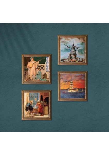 İstanbul Galata Kulesi, Kız Kulesi, Satranç Oyunu, İki Müzisyen Kız Taş Duvar Tablosu Ahşap Çerçeveli Duvar Dekoru 4 Parça Tablo Seti Wall Art W4-759 modelleri