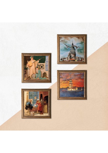 İstanbul Galata Kulesi, Kız Kulesi, Satranç Oyunu, İki Müzisyen Kız Taş Duvar Tablosu Ahşap Çerçeveli Duvar Dekoru 4 Parça Tablo Seti Wall Art W4-759 indirimleri