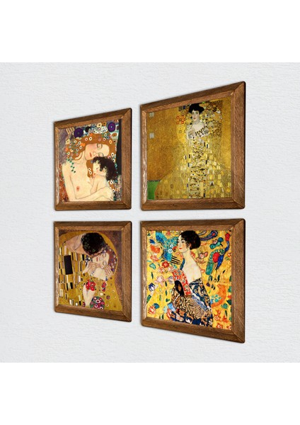 Gustav Klimt Yelpazeli Kadın, Bauer'in Portresi, Anne Çocuk, Öpücük Taş Duvar Tablosu Ahşap Çerçeveli Duvar Dekoru 4 Parça Tablo Seti Wall Art W4-76