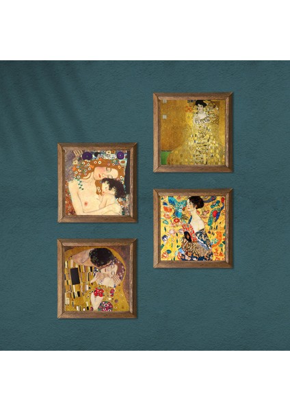 Gustav Klimt Yelpazeli Kadın, Bauer'in Portresi, Anne Çocuk, Öpücük Taş Duvar Tablosu Ahşap Çerçeveli Duvar Dekoru 4 Parça Tablo Seti Wall Art W4-76