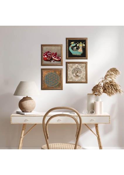 Yaşam Çiçeği, Şahmeran, Hayat Ağacı, Nar Taş Duvar Tablosu Ahşap Çerçeveli Duvar Dekoru 4 Parça Tablo Seti Wall Art W4-763