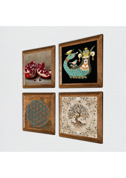Yaşam Çiçeği, Şahmeran, Hayat Ağacı, Nar Taş Duvar Tablosu Ahşap Çerçeveli Duvar Dekoru 4 Parça Tablo Seti Wall Art W4-763 fiyatları