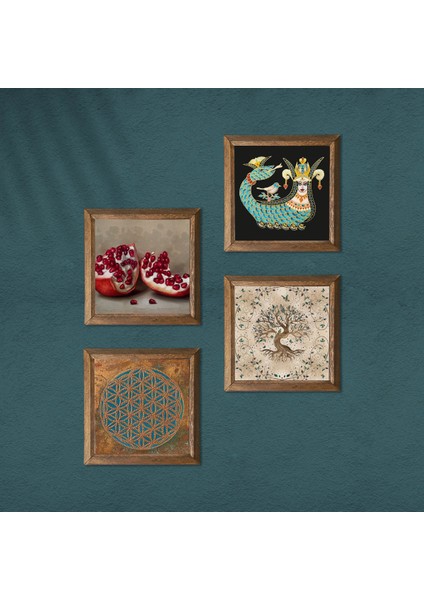 Yaşam Çiçeği, Şahmeran, Hayat Ağacı, Nar Taş Duvar Tablosu Ahşap Çerçeveli Duvar Dekoru 4 Parça Tablo Seti Wall Art W4-763 modelleri
