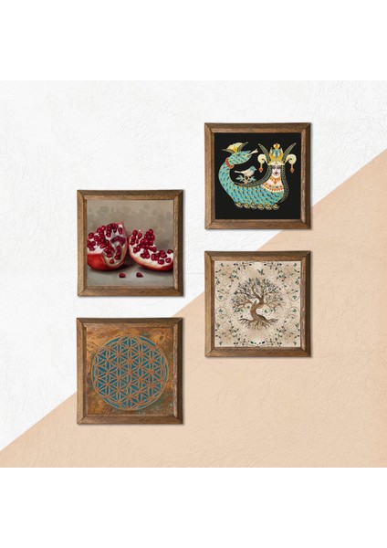 Yaşam Çiçeği, Şahmeran, Hayat Ağacı, Nar Taş Duvar Tablosu Ahşap Çerçeveli Duvar Dekoru 4 Parça Tablo Seti Wall Art W4-763 indirimleri