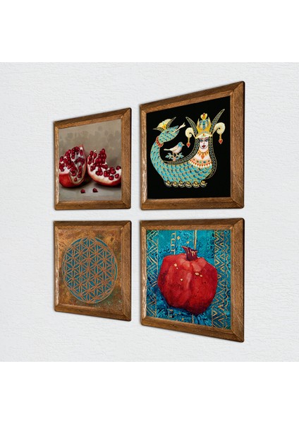 Stone Yaşam Çiçeği, Şahmeran, Nar Ahşap Çerçeveli Taş Duvar Tablosu 4’lü Set – 25x25 cm Dekoratif Modern Sanat – Ev ve Ofis Dekoru |W4-764| fiyatları