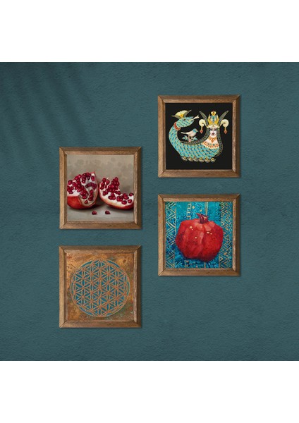 Stone Yaşam Çiçeği, Şahmeran, Nar Ahşap Çerçeveli Taş Duvar Tablosu 4’lü Set – 25x25 cm Dekoratif Modern Sanat – Ev ve Ofis Dekoru |W4-764| modelleri