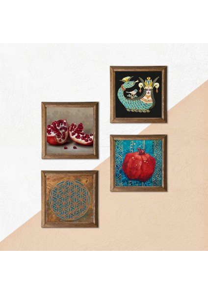 Stone Yaşam Çiçeği, Şahmeran, Nar Ahşap Çerçeveli Taş Duvar Tablosu 4’lü Set – 25x25 cm Dekoratif Modern Sanat – Ev ve Ofis Dekoru |W4-764| indirimleri