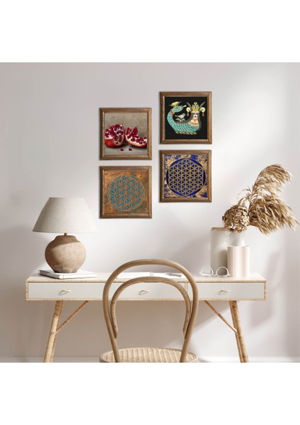 Yaşam Çiçeği, Şahmeran, Nar Ahşap Çerçeveli Taş Duvar Tablosu 4’lü Set – 25x25 cm Dekoratif Modern Sanat – Ev ve Ofis Dekoru |W4-769|