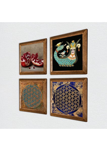Yaşam Çiçeği, Şahmeran, Nar Ahşap Çerçeveli Taş Duvar Tablosu 4’lü Set – 25x25 cm Dekoratif Modern Sanat – Ev ve Ofis Dekoru |W4-769| fiyatları