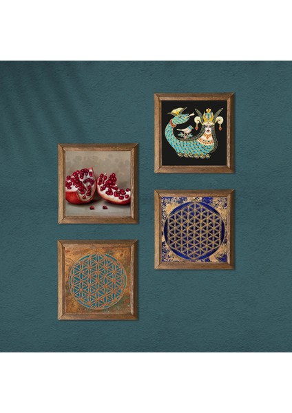 Yaşam Çiçeği, Şahmeran, Nar Ahşap Çerçeveli Taş Duvar Tablosu 4’lü Set – 25x25 cm Dekoratif Modern Sanat – Ev ve Ofis Dekoru |W4-769| modelleri