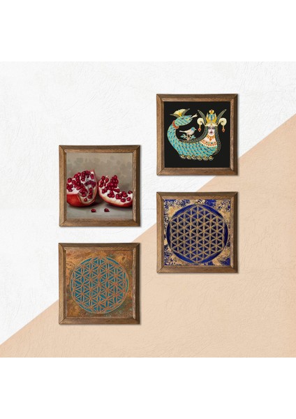 Yaşam Çiçeği, Şahmeran, Nar Ahşap Çerçeveli Taş Duvar Tablosu 4’lü Set – 25x25 cm Dekoratif Modern Sanat – Ev ve Ofis Dekoru |W4-769| indirimleri
