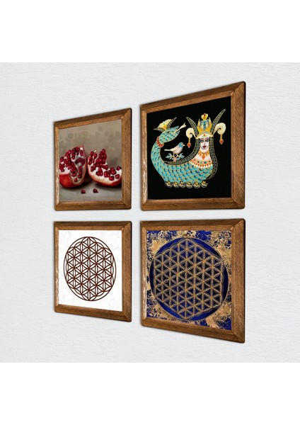 Stone Yaşam Çiçeği, Şahmeran, Nar Ahşap Çerçeveli Taş Duvar Tablosu 4’lü Set – 25x25 cm Dekoratif Modern Sanat – Ev ve Ofis Dekoru |W4-770| fiyatları