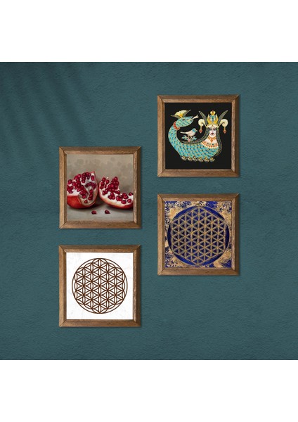Stone Yaşam Çiçeği, Şahmeran, Nar Ahşap Çerçeveli Taş Duvar Tablosu 4’lü Set – 25x25 cm Dekoratif Modern Sanat – Ev ve Ofis Dekoru |W4-770| modelleri