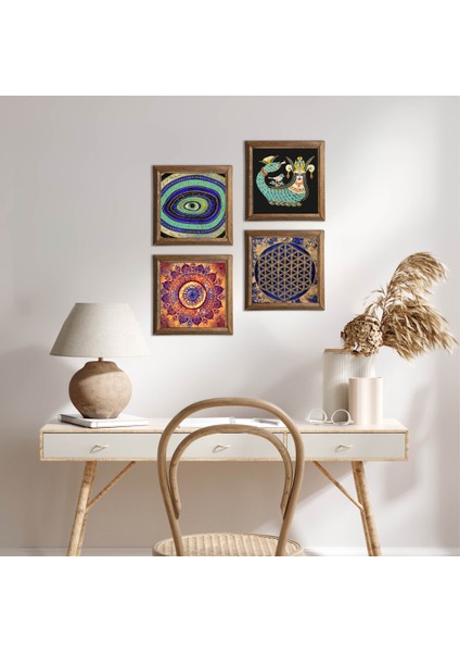 Mandala, Nazar, Yaşam Çiçeği, Şahmeran Ahşap Çerçeveli Taş Duvar Tablosu 4’lü Set – 25x25 cm Dekoratif Modern Sanat – Ev ve Ofis Dekoru |W4-779|