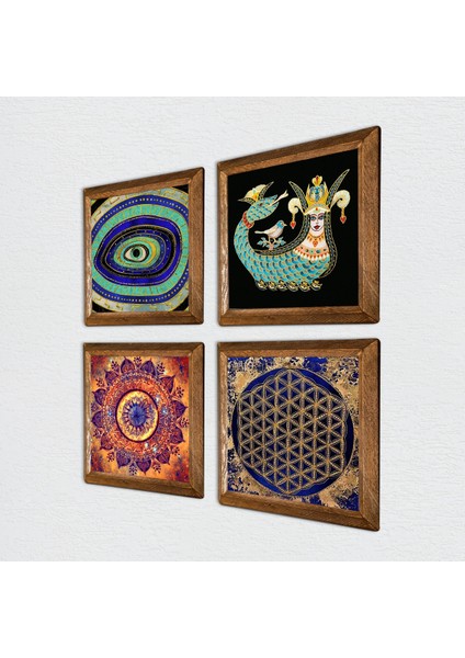 Mandala, Nazar, Yaşam Çiçeği, Şahmeran Ahşap Çerçeveli Taş Duvar Tablosu 4’lü Set – 25x25 cm Dekoratif Modern Sanat – Ev ve Ofis Dekoru |W4-779| fiyatları