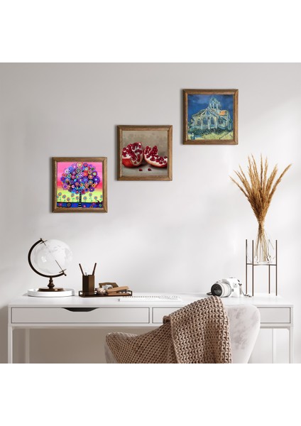 Van Gogh Auvers'deki Kilise, Karla Gerard Hayat Ağacı, Nar Taş Duvar Tablosu Ahşap Çerçeveli Duvar Dekoru 3 Parça Tablo Seti Wall Art W3-1072