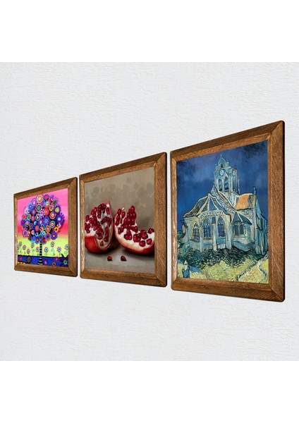 Van Gogh Auvers'deki Kilise, Karla Gerard Hayat Ağacı, Nar Taş Duvar Tablosu Ahşap Çerçeveli Duvar Dekoru 3 Parça Tablo Seti Wall Art W3-1072 fiyatları