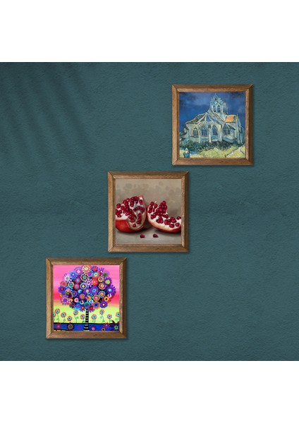 Van Gogh Auvers'deki Kilise, Karla Gerard Hayat Ağacı, Nar Taş Duvar Tablosu Ahşap Çerçeveli Duvar Dekoru 3 Parça Tablo Seti Wall Art W3-1072 modelleri