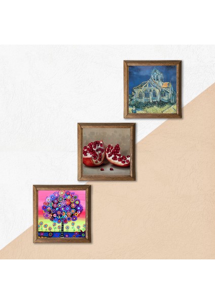 Van Gogh Auvers'deki Kilise, Karla Gerard Hayat Ağacı, Nar Taş Duvar Tablosu Ahşap Çerçeveli Duvar Dekoru 3 Parça Tablo Seti Wall Art W3-1072 indirimleri