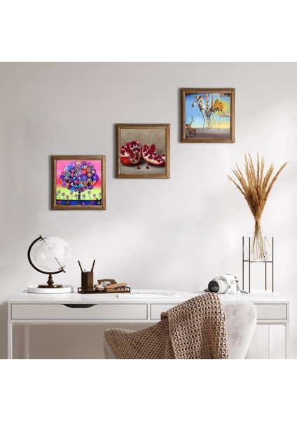Salvador Dalí, Karla Gerard Hayat Ağacı, Nar Ahşap Çerçeveli Taş Duvar Tablosu 3’lü Set – 25x25 cm Dekoratif Modern Sanat – Ev ve Ofis Dekoru |W3-1078|