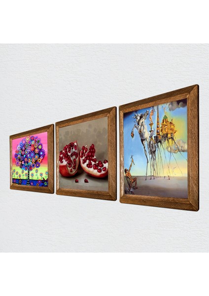 Salvador Dalí, Karla Gerard Hayat Ağacı, Nar Ahşap Çerçeveli Taş Duvar Tablosu 3’lü Set – 25x25 cm Dekoratif Modern Sanat – Ev ve Ofis Dekoru |W3-1078| fiyatları