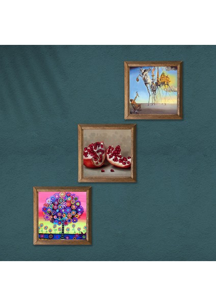 Salvador Dalí, Karla Gerard Hayat Ağacı, Nar Ahşap Çerçeveli Taş Duvar Tablosu 3’lü Set – 25x25 cm Dekoratif Modern Sanat – Ev ve Ofis Dekoru |W3-1078| modelleri