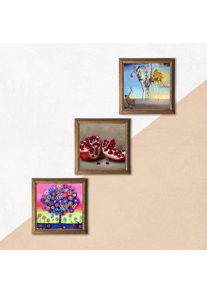 Salvador Dalí, Karla Gerard Hayat Ağacı, Nar Ahşap Çerçeveli Taş Duvar Tablosu 3’lü Set – 25x25 cm Dekoratif Modern Sanat – Ev ve Ofis Dekoru |W3-1078| indirimleri