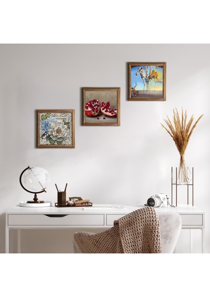 Salvador Dalí, Kelebekli Çiçek, Nar Taş Duvar Tablosu Ahşap Çerçeveli Duvar Dekoru 3 Parça Tablo Seti Wall Art W3-1201