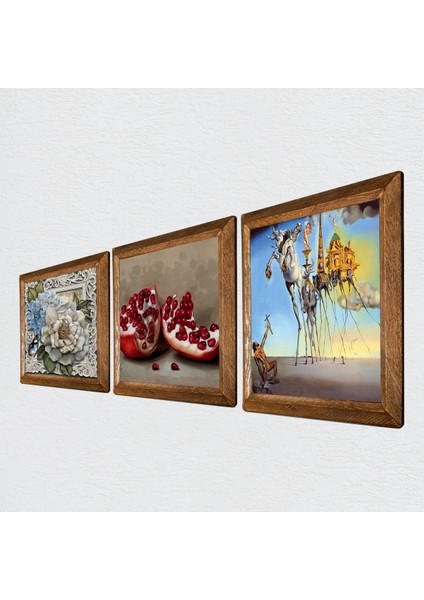 Salvador Dalí, Kelebekli Çiçek, Nar Taş Duvar Tablosu Ahşap Çerçeveli Duvar Dekoru 3 Parça Tablo Seti Wall Art W3-1201 fiyatları