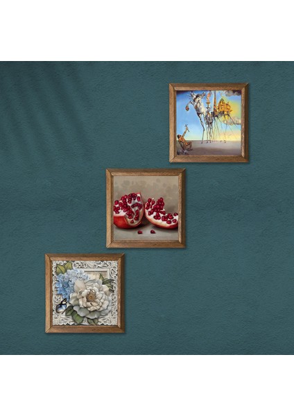 Salvador Dalí, Kelebekli Çiçek, Nar Taş Duvar Tablosu Ahşap Çerçeveli Duvar Dekoru 3 Parça Tablo Seti Wall Art W3-1201 modelleri