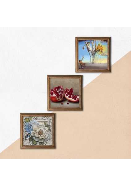 Salvador Dalí, Kelebekli Çiçek, Nar Taş Duvar Tablosu Ahşap Çerçeveli Duvar Dekoru 3 Parça Tablo Seti Wall Art W3-1201 indirimleri