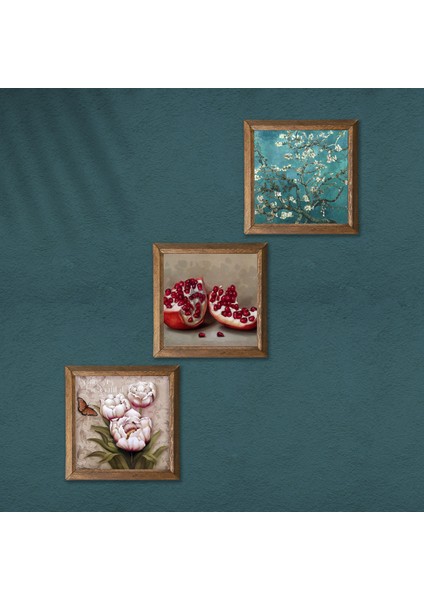 Stone Van Gogh Badem Ağacı, Kelebekli Çiçek, Nar Ahşap Çerçeveli Taş Duvar Tablosu 3’lü Set – 25x25 cm Dekoratif Modern Sanat – Ev ve Ofis Dekoru |W3-1216| modelleri