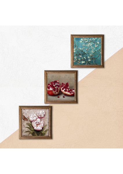 Stone Van Gogh Badem Ağacı, Kelebekli Çiçek, Nar Ahşap Çerçeveli Taş Duvar Tablosu 3’lü Set – 25x25 cm Dekoratif Modern Sanat – Ev ve Ofis Dekoru |W3-1216| indirimleri