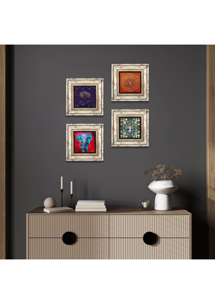 Hayat Ağacı, Fil, Sri Yantra Taş Duvar Tablosu Çerçeveli Duvar Dekoru 4 Parça Tablo Seti Wall Art T4-1135