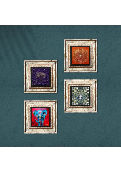 Hayat Ağacı, Fil, Sri Yantra Taş Duvar Tablosu Çerçeveli Duvar Dekoru 4 Parça Tablo Seti Wall Art T4-1135 fırsatları