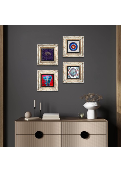 Stone Nazar, Hayat Ağacı, Fil, Çini Sanatı Çerçeveli Taş Duvar Tablosu 4’lü Set - Dekoratif Modern Sanat, Ev ve Ofis Dekoru |TK4-1146|