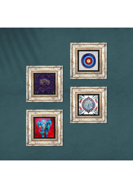 Stone Nazar, Hayat Ağacı, Fil, Çini Sanatı Çerçeveli Taş Duvar Tablosu 4’lü Set - Dekoratif Modern Sanat, Ev ve Ofis Dekoru |TK4-1146| fırsatları