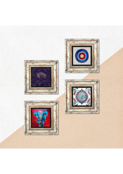 Stone Nazar, Hayat Ağacı, Fil, Çini Sanatı Çerçeveli Taş Duvar Tablosu 4’lü Set - Dekoratif Modern Sanat, Ev ve Ofis Dekoru |TK4-1146| indirimleri