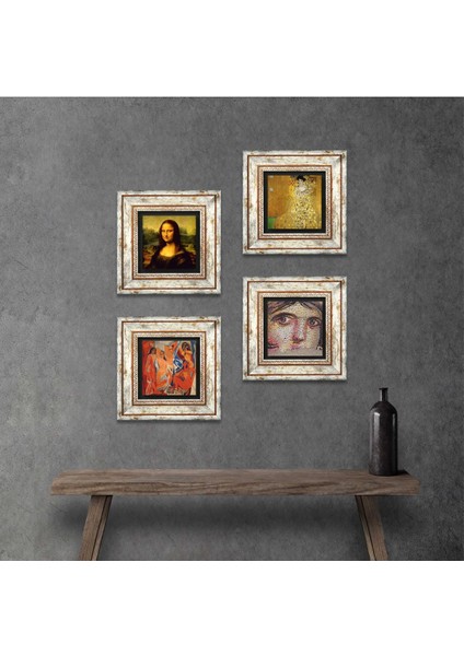 Picasso, Gustav Klimt, Leonardo da Vinci, Çingene Kızı Taş Duvar Tablosu Çerçeveli Duvar Dekoru 4 Parça Tablo Seti Wall Art T4-958