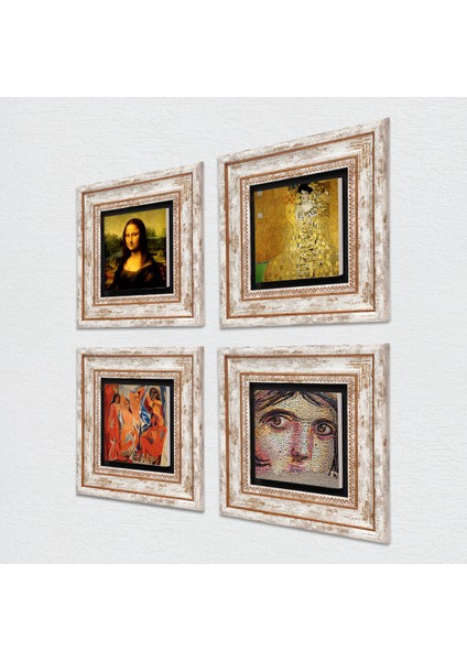 Picasso, Gustav Klimt, Leonardo da Vinci, Çingene Kızı Taş Duvar Tablosu Çerçeveli Duvar Dekoru 4 Parça Tablo Seti Wall Art T4-958