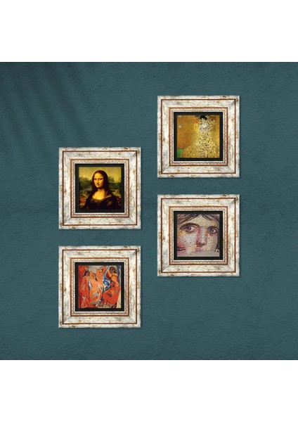 Picasso, Gustav Klimt, Leonardo da Vinci, Çingene Kızı Taş Duvar Tablosu Çerçeveli Duvar Dekoru 4 Parça Tablo Seti Wall Art T4-958