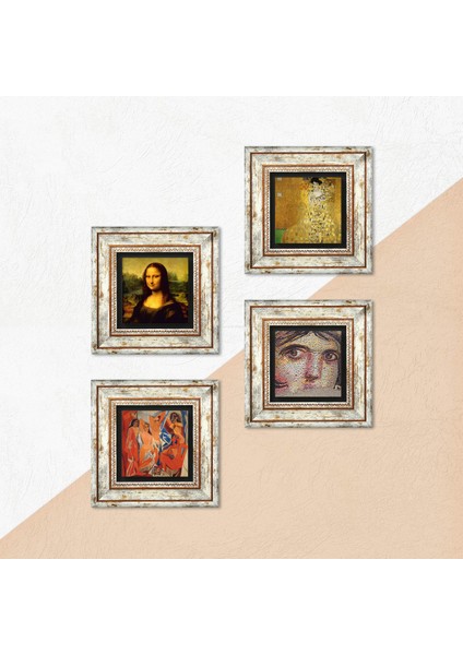 Picasso, Gustav Klimt, Leonardo da Vinci, Çingene Kızı Taş Duvar Tablosu Çerçeveli Duvar Dekoru 4 Parça Tablo Seti Wall Art T4-958